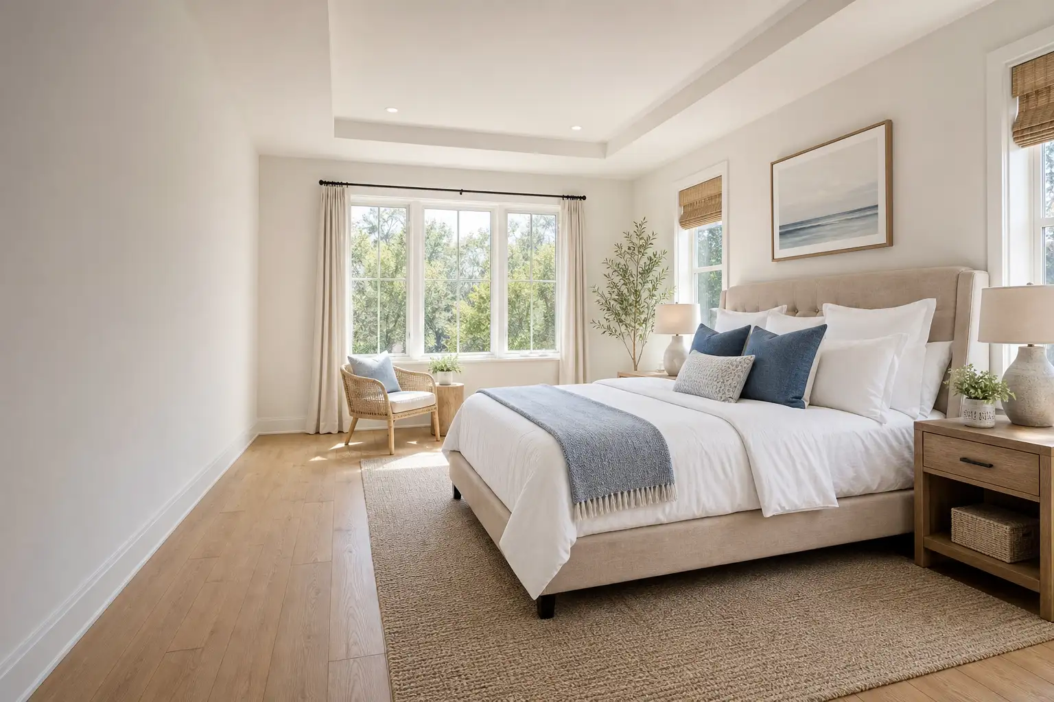 Pristine, sunlit short-term rental bedroom made guest-ready with crisp white linens
