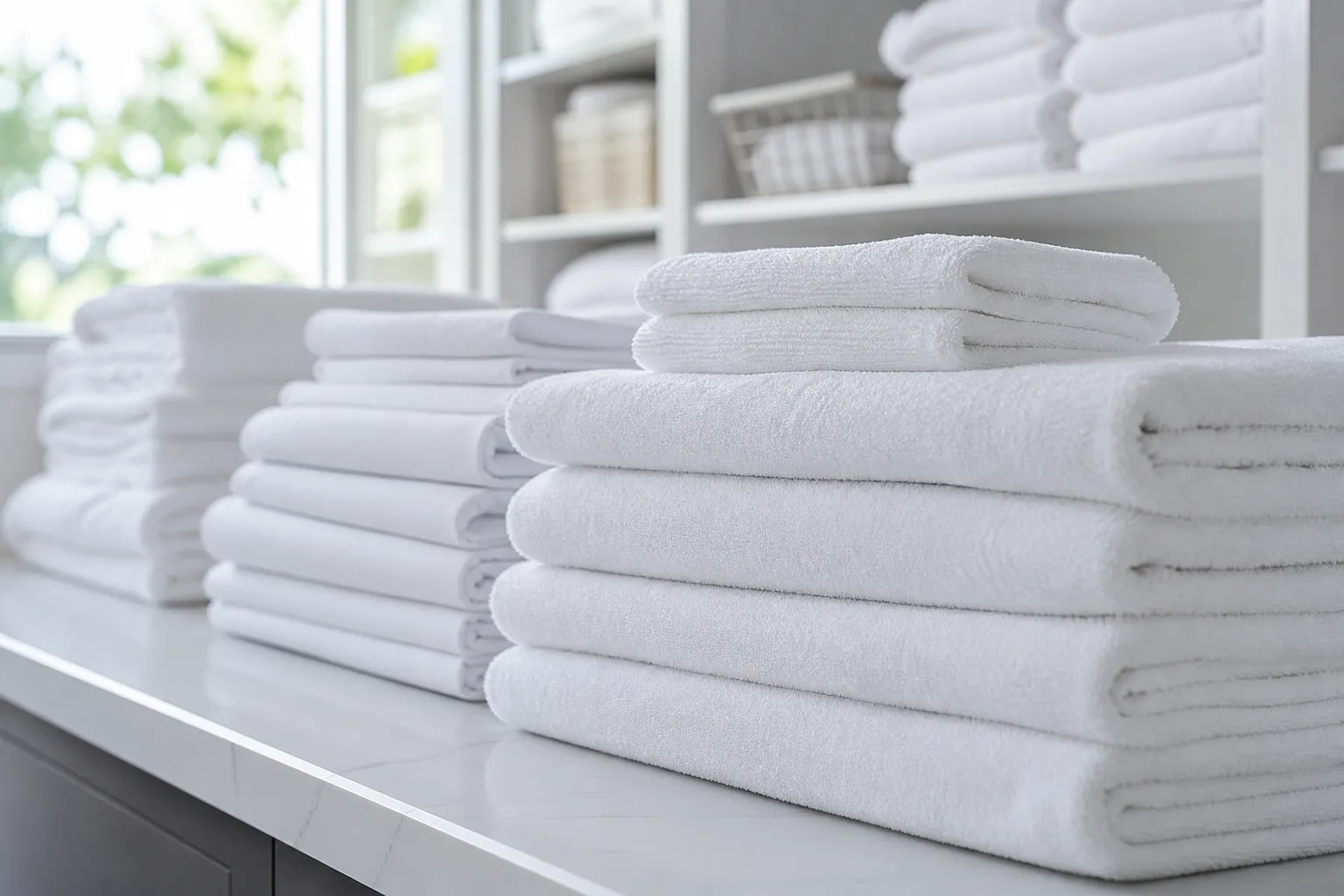Neatly folded stacks of fresh white towels and linens ready for a turnover
